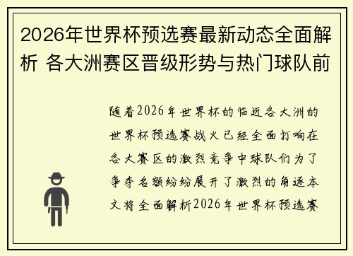2026年世界杯预选赛最新动态全面解析 各大洲赛区晋级形势与热门球队前景 2026年世界杯预选赛最新动态全面解析 各大洲赛区晋级形势与热门球队前景