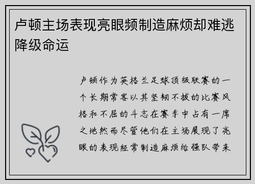 卢顿主场表现亮眼频制造麻烦却难逃降级命运